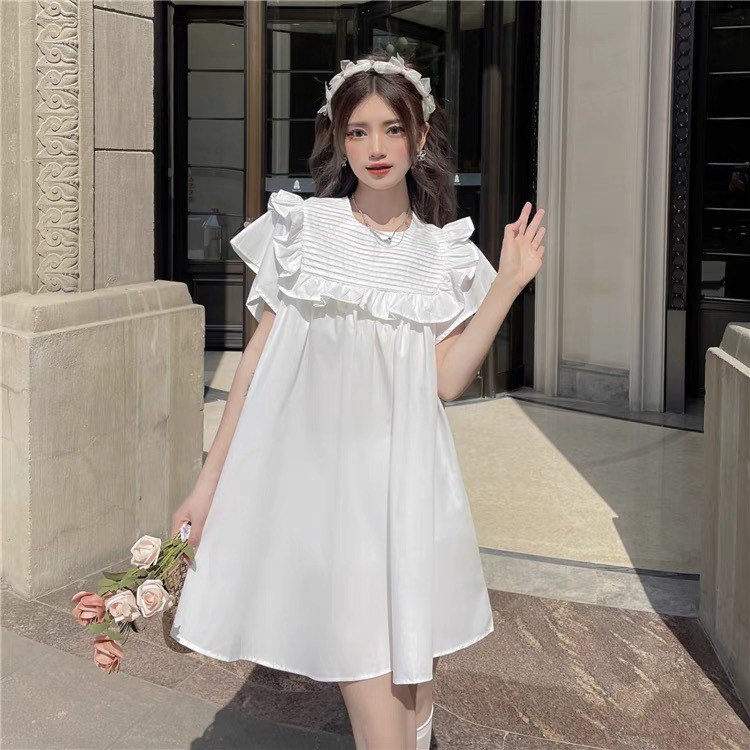 Váy Babydoll Cổ Bèo Xếp Ly Ngực Form Rộng Dáng Ngắn Xoè Xinh Xắn, Labibi