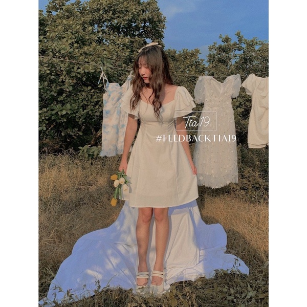 Váy trễ vai tay bèo Tia19. Đầm rớt vai dáng xoè dự tiệc ulzzang ( Ảnh thật) | BigBuy360 - bigbuy360.vn