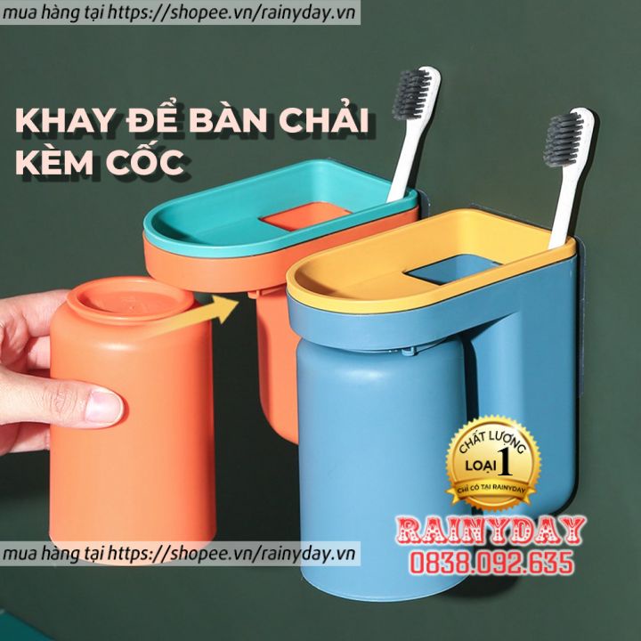 Khay để bàn chải đánh răng kèm cốc dán tường nhà tắm, kệ giá đựng bàn chải đánh răng dính treo tường