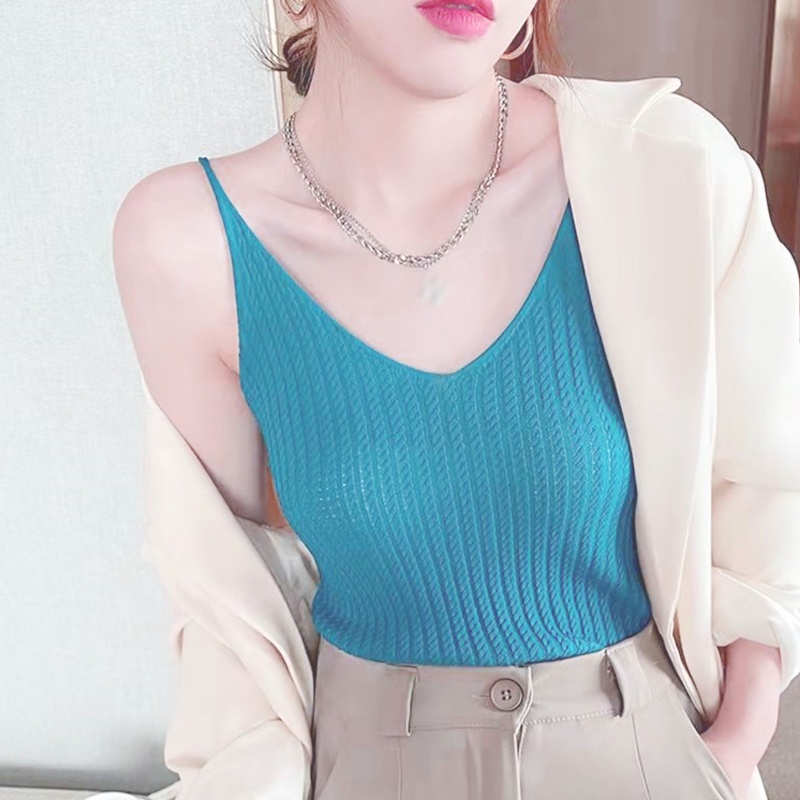 Áo Croptop Dệt Kim Hai Dây Cổ Chữ V Màu Trơn Thời Trang Cho Nữ