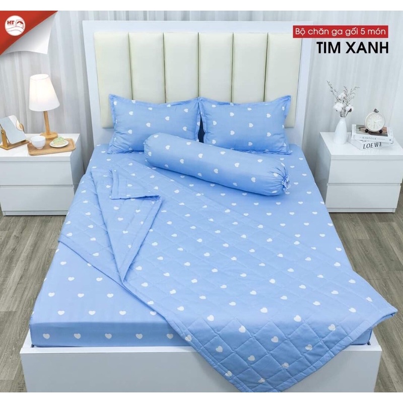 Bộ drap giường 5 món chăn ga gối bo chun poly hàn quốc cao cấp