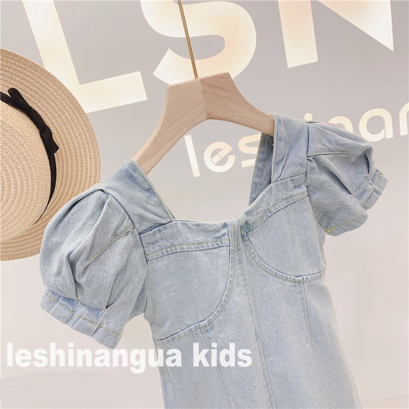 Mới Đầm Denim Tay Phồng Ngắn Cổ Chữ U Màu Xanh Dương Thời Trang Mùa Hè Cho Bé Gái