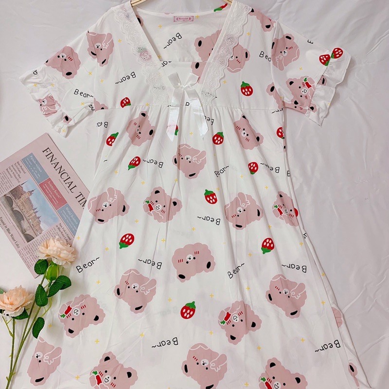 Váy ngủ đầm ngủ nữ chất thun cotton mịn mát mặc nhà thoải mái cổ bèo xinh xắn, hình gấu dễ thương | BigBuy360 - bigbuy360.vn