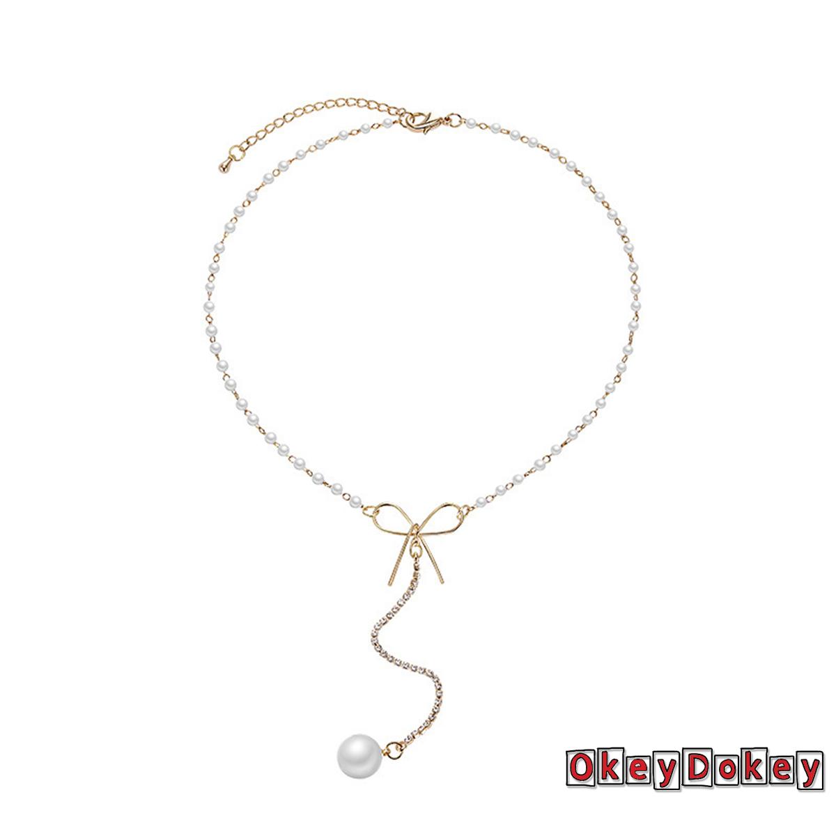 OKDK-Clavicle Necklace Pearl Rhinestone Adjustable Bow Elegant Noble Fashionable Joker Woman Jewelry Pendant Necklace