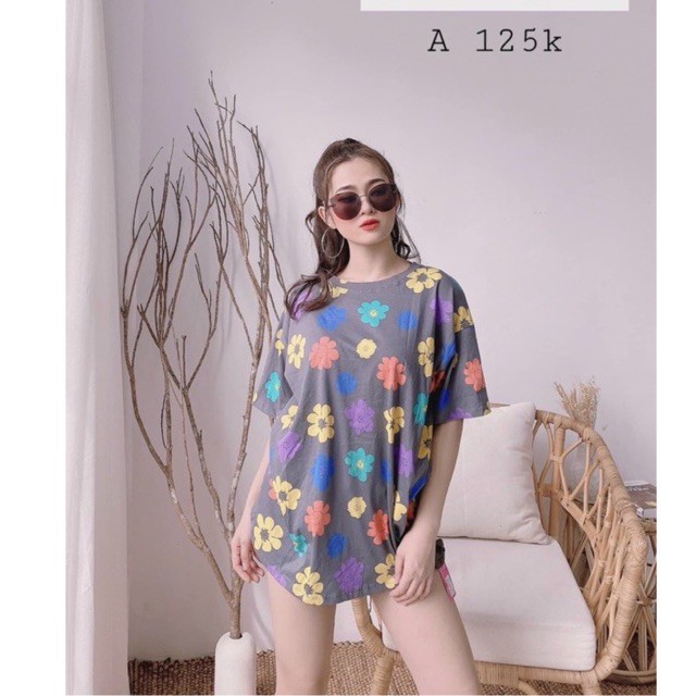 áo thun nữ form rộng &lt;65kg unisex in hoa nhí