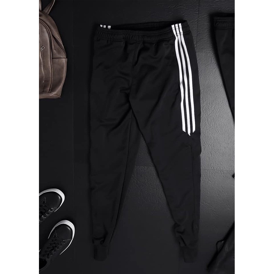 Quần Thể Thao Đen Sọc Trắng Dáng Vừa Chất Co Giãn Nhẹ Ống Ôm Cạp Chun