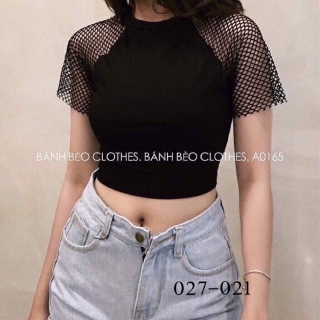 (CÓ VIDEO ẢNH THẬT) Áo croptop phối tay lưới cá tính