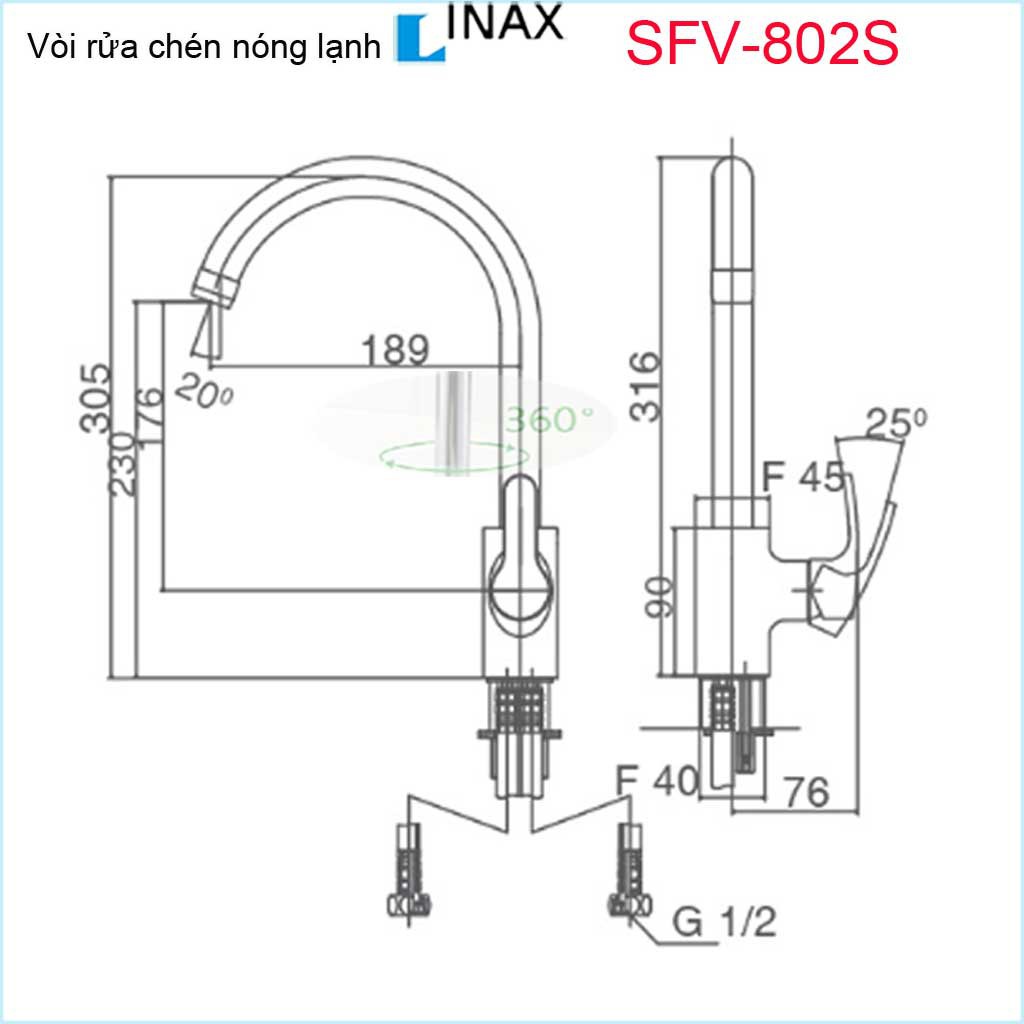 Vòi bếp nóng lạnh, vòi rửa chén bát nóng lạnh, vòi chậu Inax chính hãng Nhật Bản SFV-802S