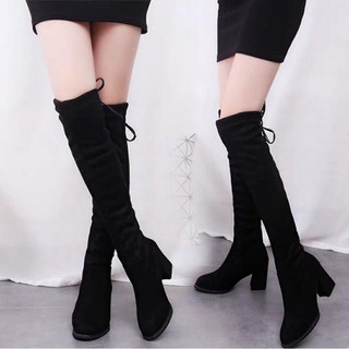 Bốt nữ da lộn cao cổ dài qua gối gót vuông