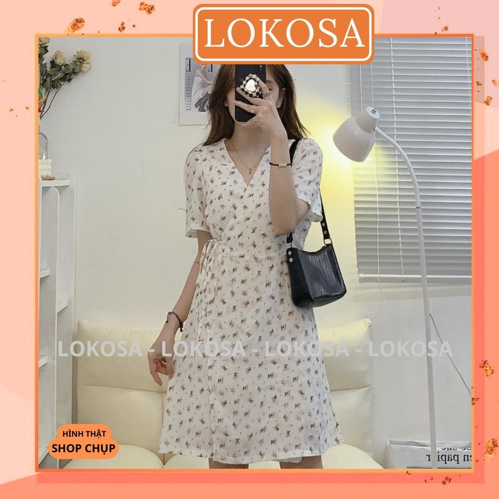 Váy Hoa Nhí Vintage Nữ LOKOSA Đầm công sở dáng xòe màu trắng trễ vai tay dáng phồng nhẹ nhàng VD103