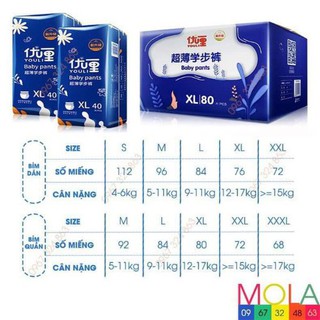 Bỉm YOULI nội địa Trung quần/dán size M88, L84, XL80, XXL72