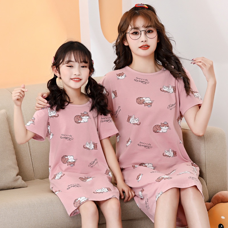 Đầm Công Chúa Cotton Tay Ngắn Cổ Tròn In Họa Tiết Hoạt Hình Dành Cho Mẹ Và Bé Kích Thước 100-180cm