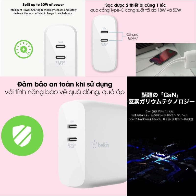 Củ sạc nhanh Macbook Pro 13 inc, iPad Pro, iPhone, S20, Google Pixel BELKIN BOOST↑CHARGE™  GaN 68W Dual USB-C PD