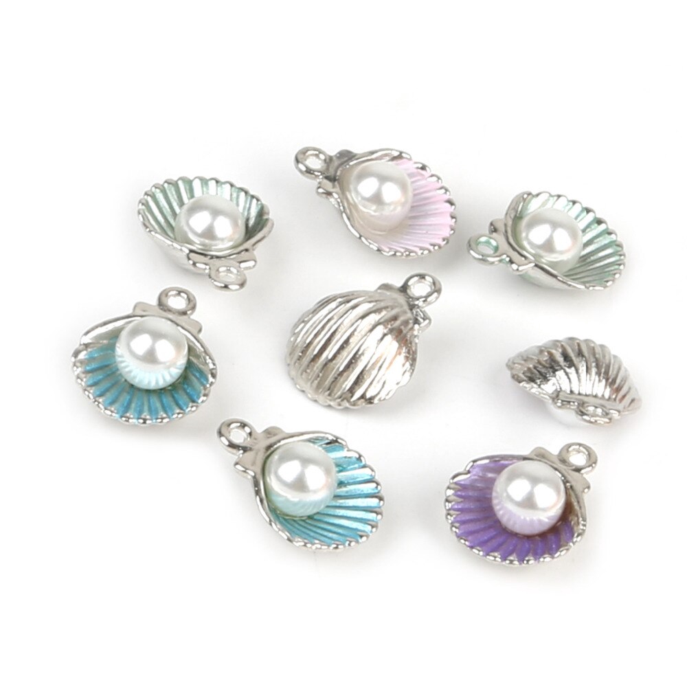 Set 10 mặt dây hình vỏ sò gắn ngọc trai giả làm khuyên tai/vòng cổ thủ công DIY