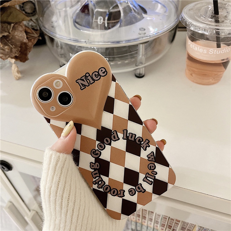 Ốp lưng iphone Ốp Điện Thoại Họa Tiết Trái Tim Phối Sọc Caro Cho Apple 13Promax 12 7/8/XSMAX/11/MINI-DInuo Dinuo case