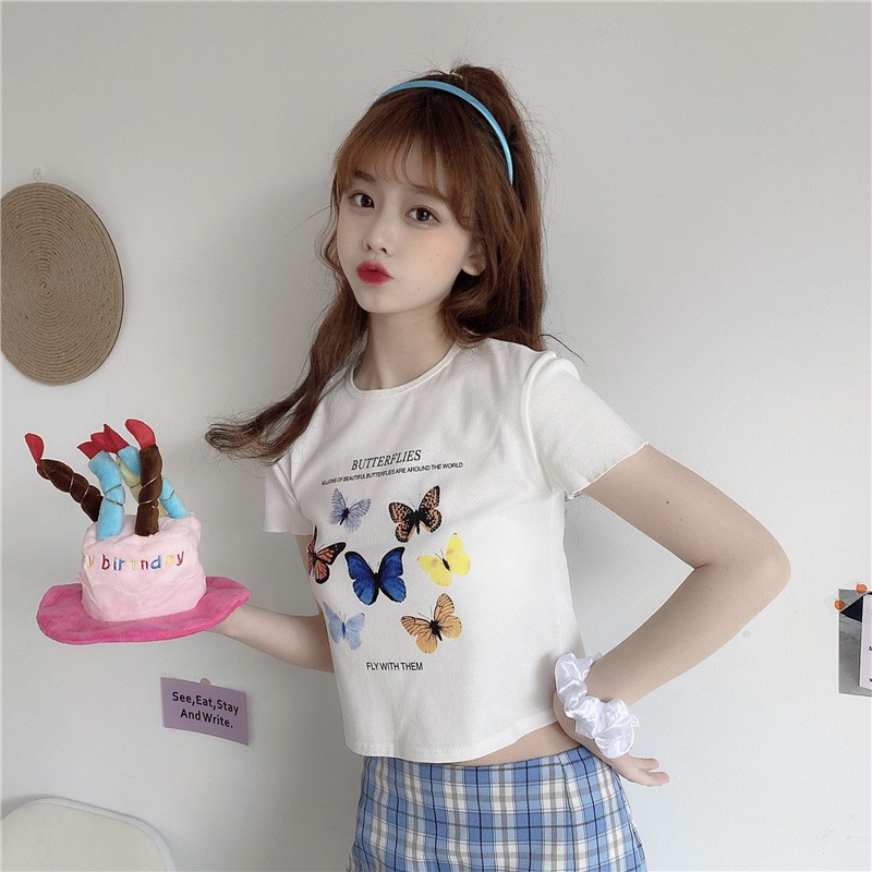 Áo croptop nữ ngắn tay ZOZORO ôm form in hình hồ điệp chất vải đẹp thoáng mát - AT10