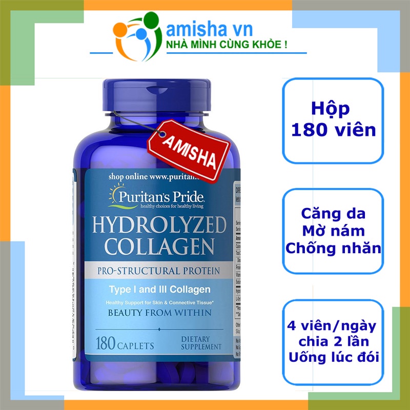 Viên Uống Đẹp Da, Mờ Nám Collagen Thủy Phân Hydrolyzed Puritan's Pride 1000mg 180 viên Nén