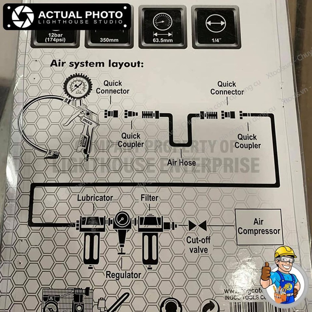 Súng bơm hơi tích hợp đồng hồ đo áp suất khí INGCO ATG0601 12bar bơm nén khí lốp xe đạp xe máy xe hơi hồ bơi nệm hơi