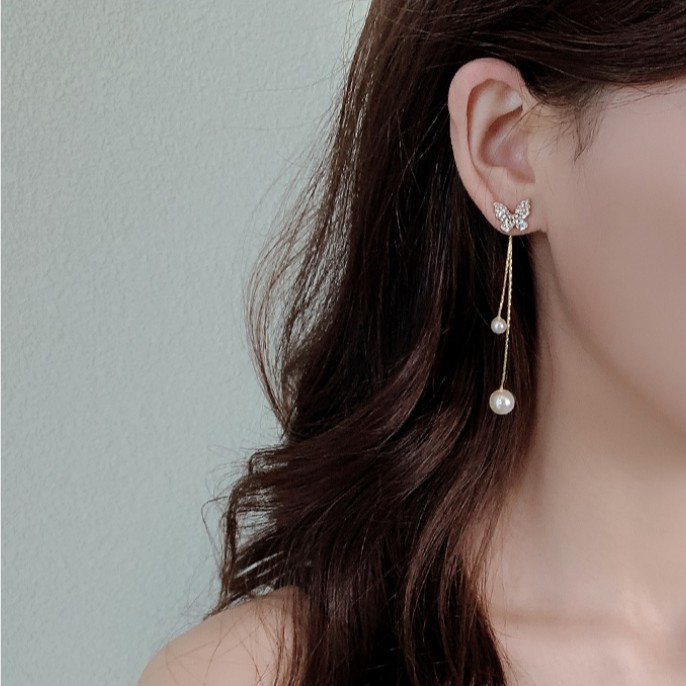 Hoa Tai Dáng Dài Hình Bướm Đính Ngọc Trai Phong Cách Retro 2023