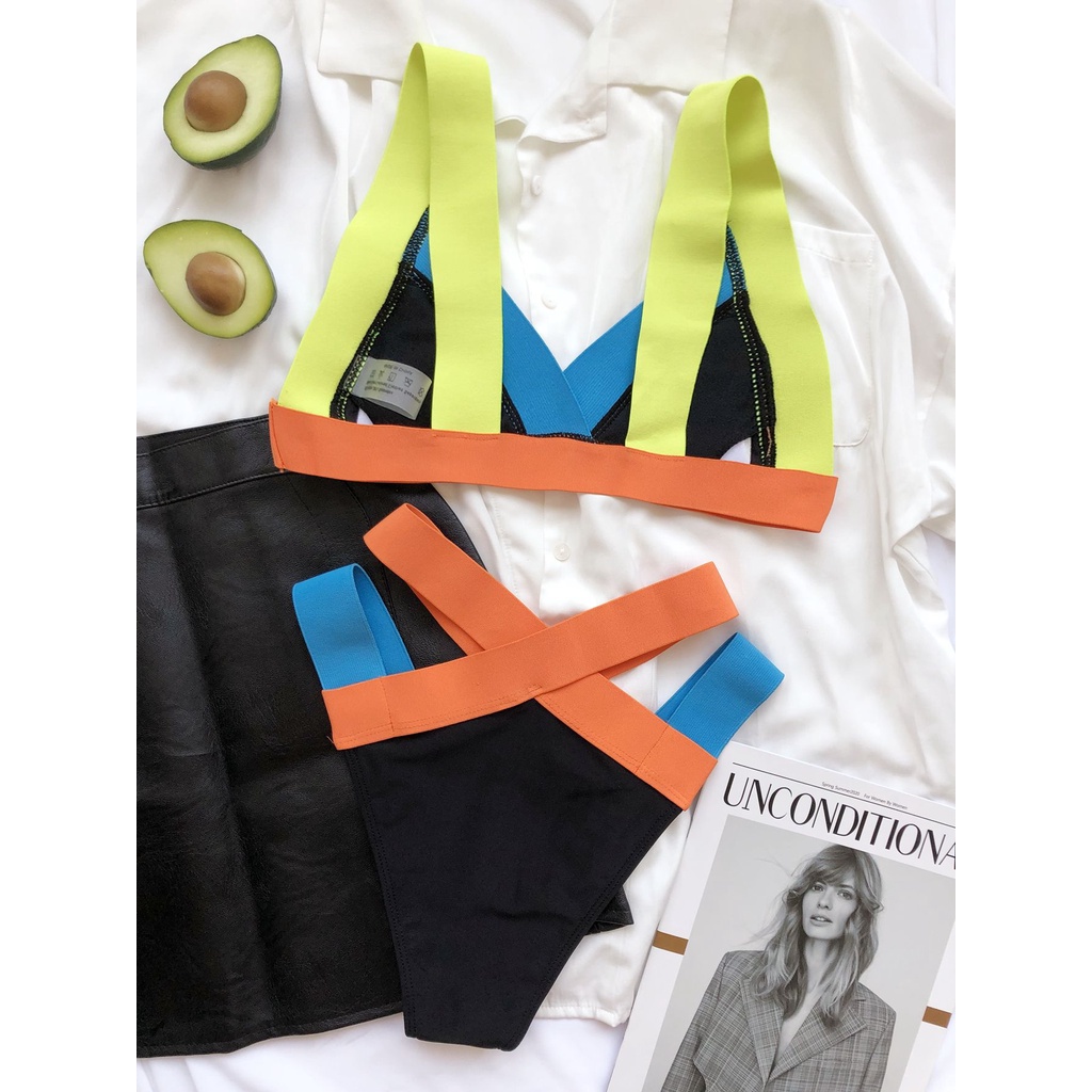 Set bikini màu sắc nổi bật lưng cao có mút nâng ngực quyến rũ dành cho nữ LG61