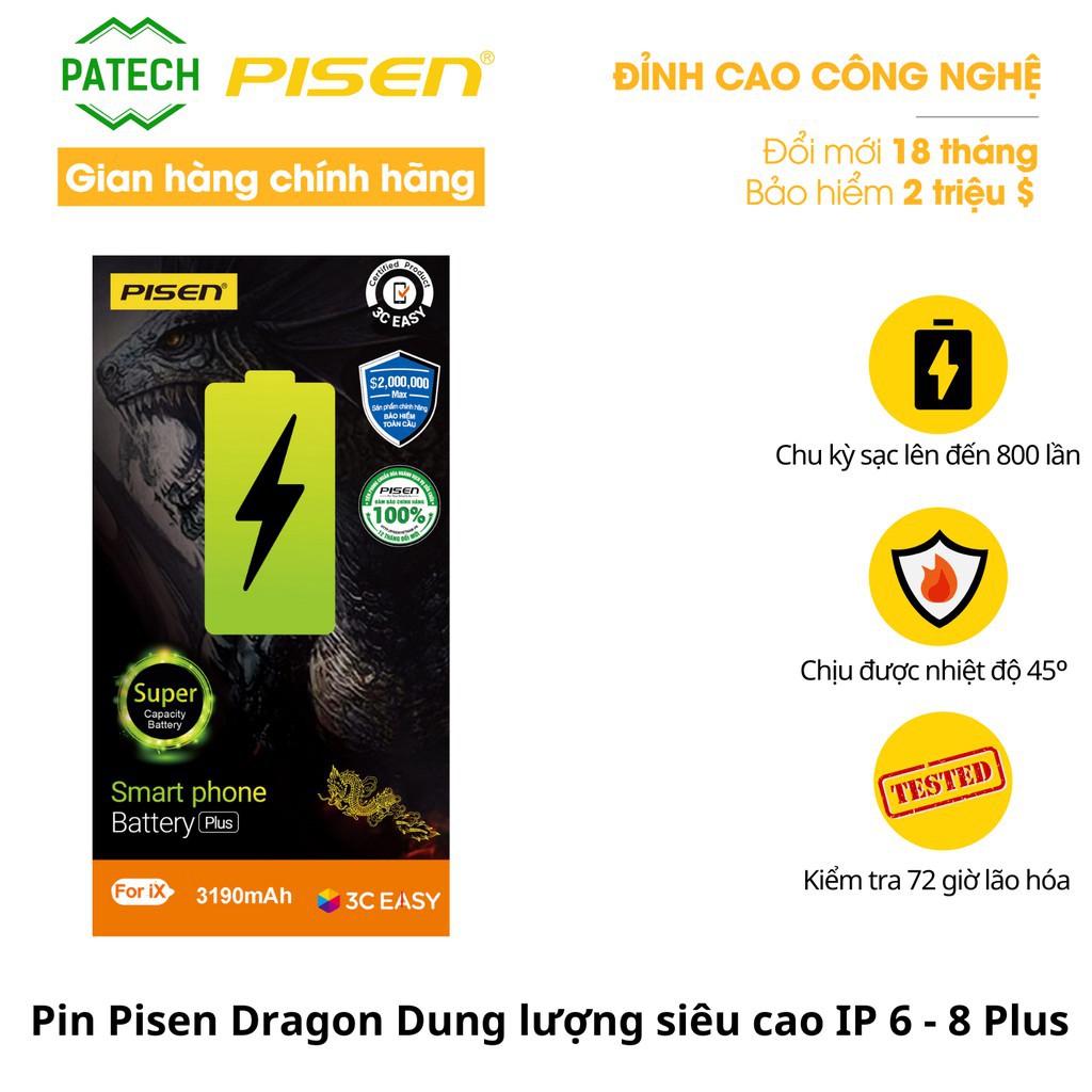 Pin Pisen Dragon Dung lượng siêu cao cho iphone 6/ 6s/ 6 plus/ 6s plus/ 7/ 7 plus/8/8plus- Hàng Chính Hãng