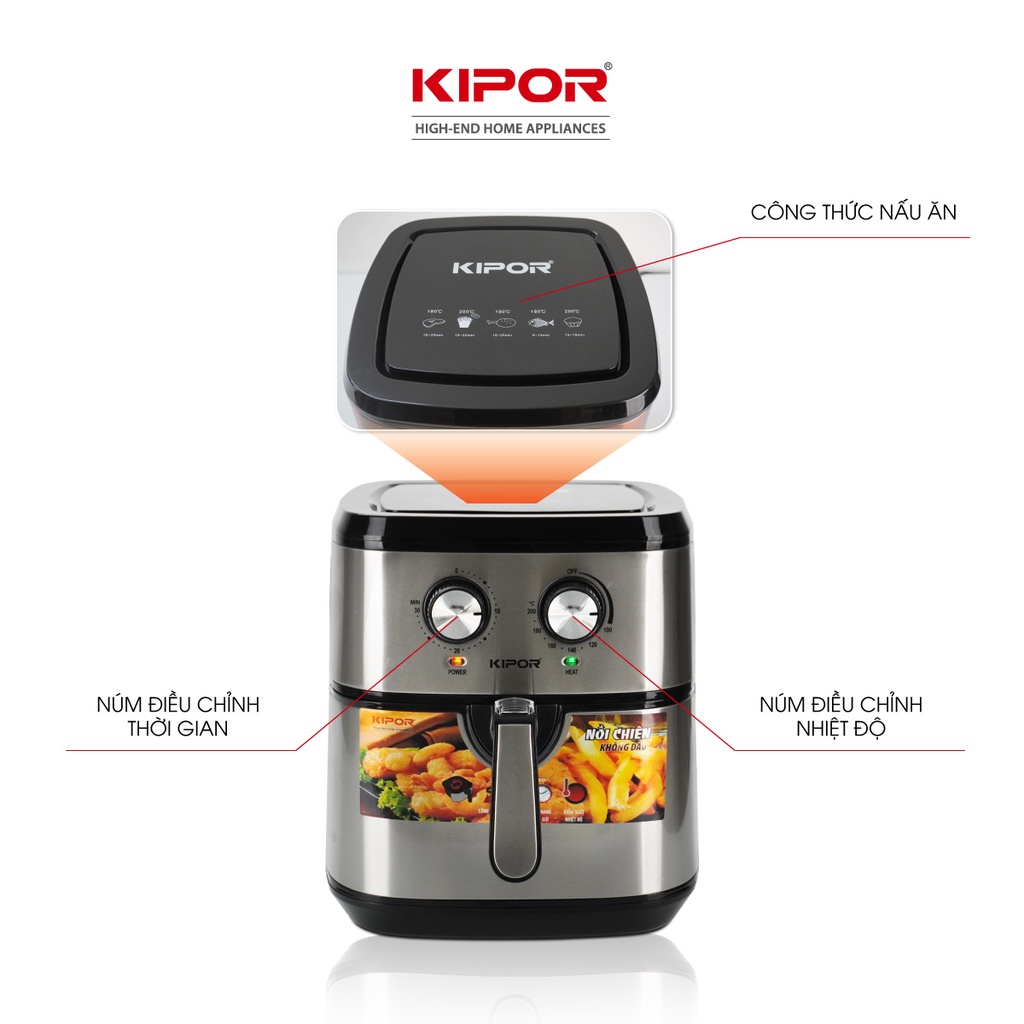 Nồi chiên không dầu KIPOR KP-AF310-10L-Điều khiển cơ RAPID AIR nướng đối lưu-chống dính-Bảo hành tại nhà 12 tháng