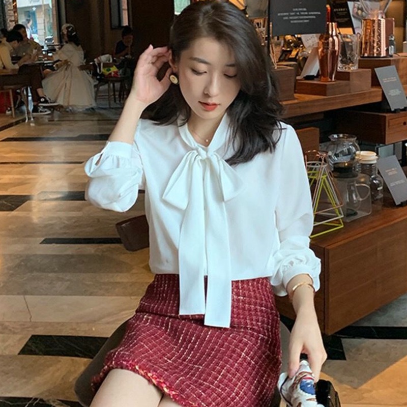 Áo Sơ Mi Tay Dài Thắt Nơ Màu Sắc Thanh Lịch Dành Cho Nữ