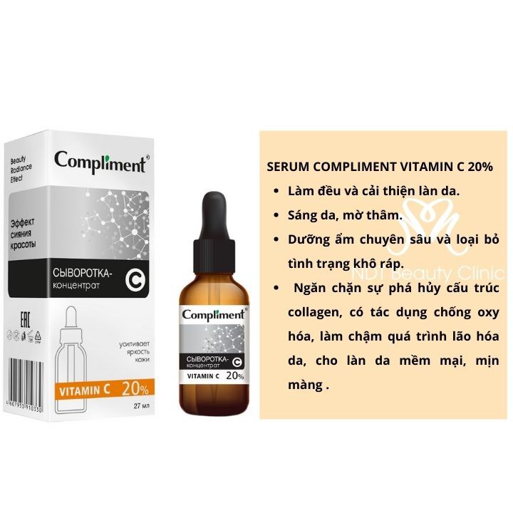Serum Compliment Dưỡng Trắng Cấp Ẩm Làm Sạch Sâu  Căng Bóng Da Vitamin C 20%, HA 5%, Salycilic Acid 2% Nga - 27ml