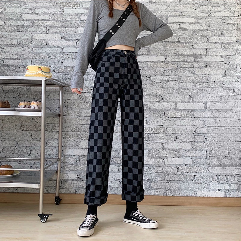 Quần jean IELGY ống rộng dáng suông họa tiết sọc mới cho nữ