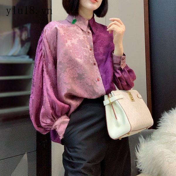 Áo Sơ Mi Giả Lụa Tay Phồng Hai Đường Khâu Đôi Màu Hồng Tím Cổ Điển Hai Cách Mặc Trước Và Sau Lưng Mùa Xuân Kiểu Mới 2022