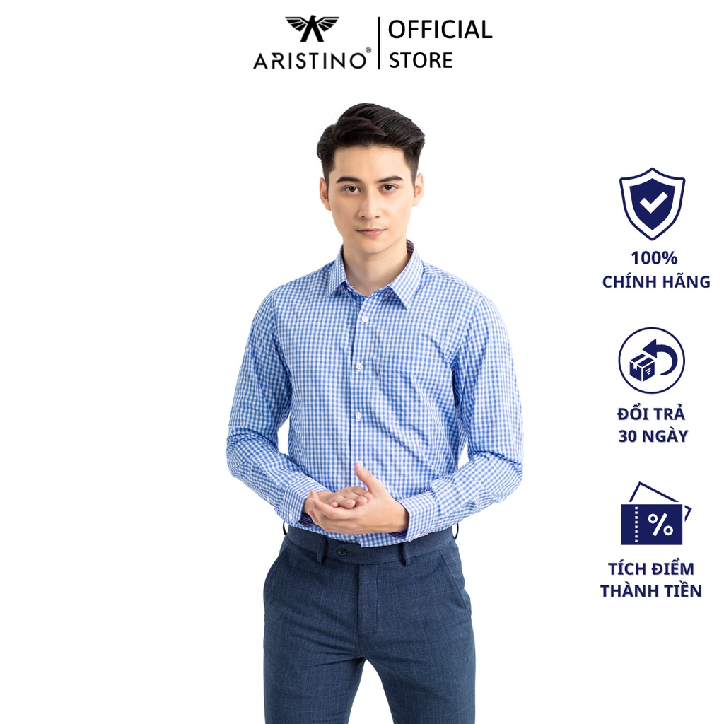 Áo sơ mi dài tay nam ARISTINO dáng suông nhẹ thoải mái, họa tiết kẻ caro xanh nổi bật, tinh tế - ALS16601