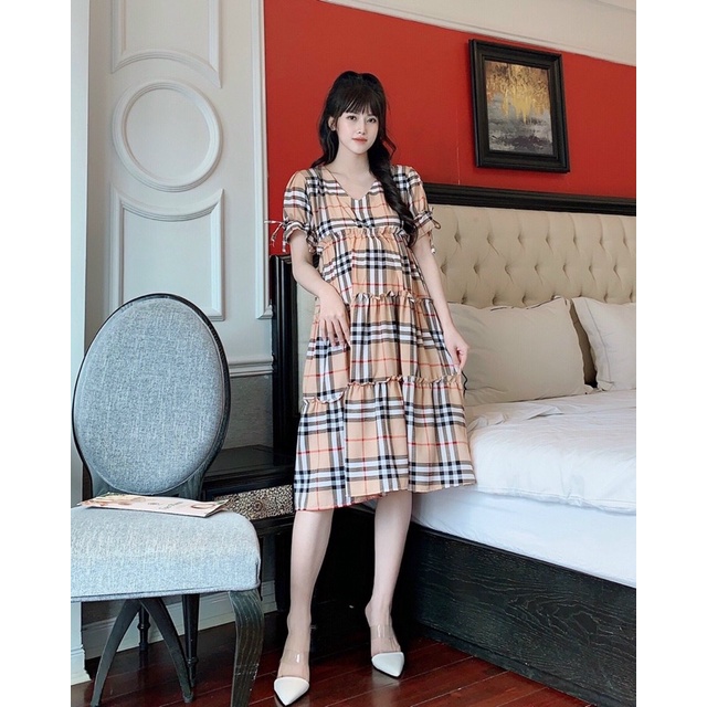 Váy đầm bầu mùa hè kẻ burbury cổ tim chất đũi hàn siêu mát đi chơi công sở babydoll ba tầng