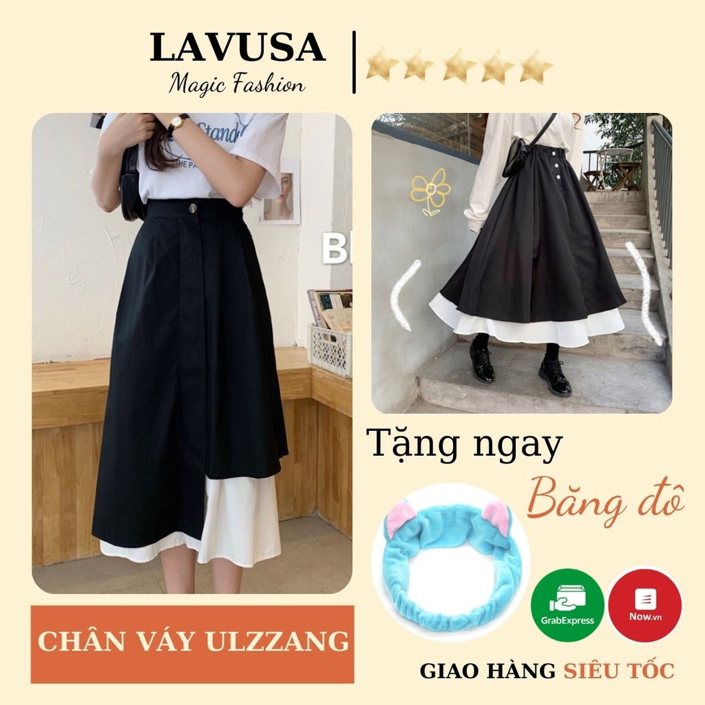 Chân Váy 💖 𝘍𝘳𝘦𝘦𝘴𝘩𝘪𝘱 💖  Chân Váy Dài Ulzzang Xòe Vạt Lệch Phối Đen Trắng LAVUSA ( Video Thật / Sẵn )