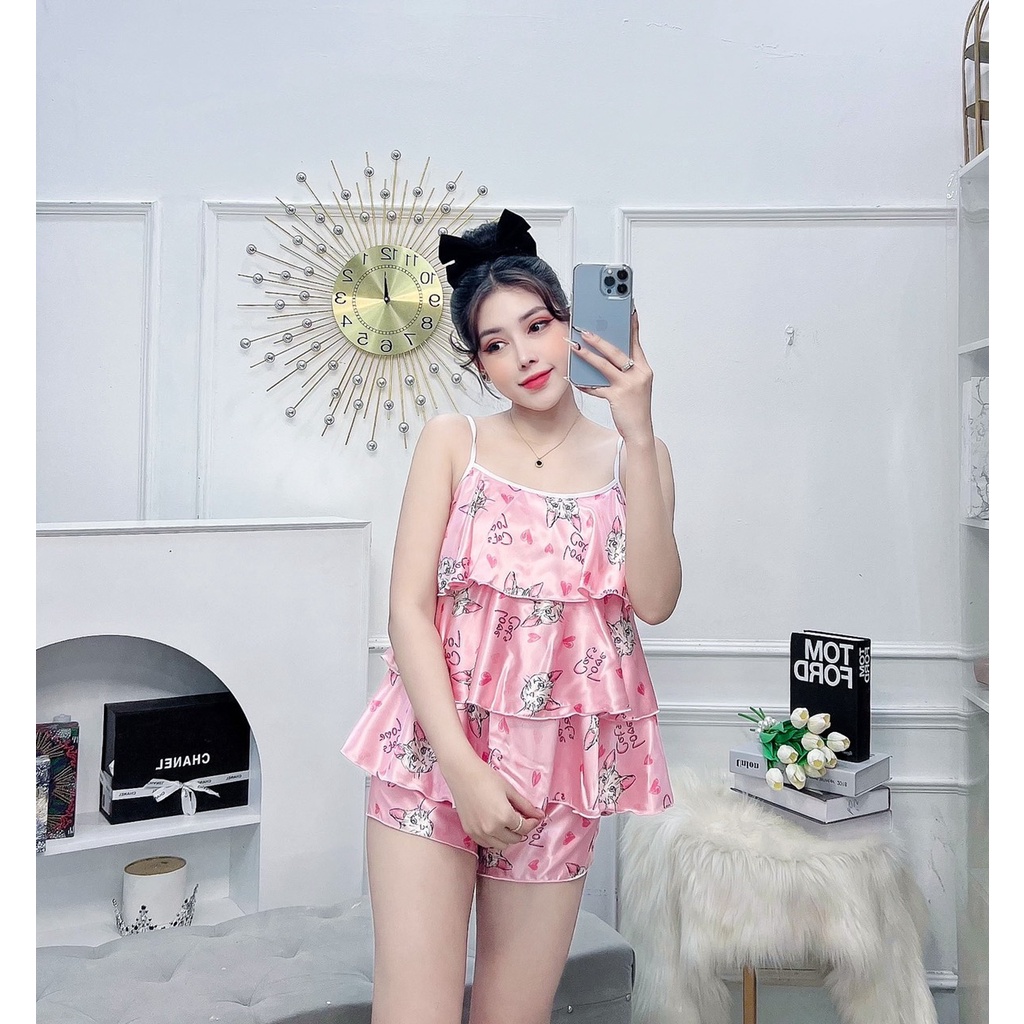ĐỒ NGỦ 2 DÂY 3 TẦNG VẢI PHI BÓNG HỌA TIẾT CON GẤU , BÁO HỒNG , GẤU SIÊU XINH FREESIZE DƯỚI 57KG