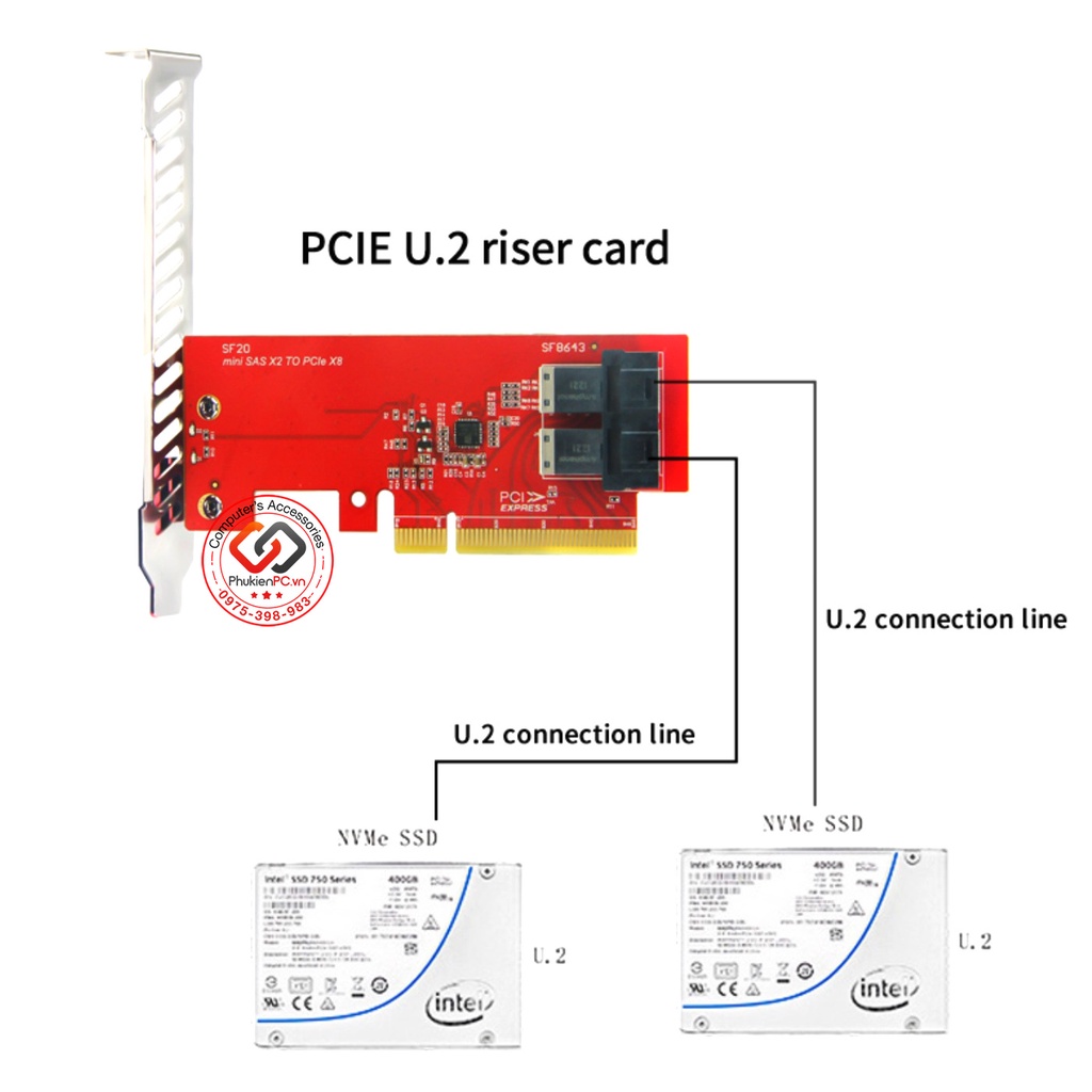 Card PCI-e 8X sang 2Port U.2 SFF-8643 NVMe 2.5 server datacenter