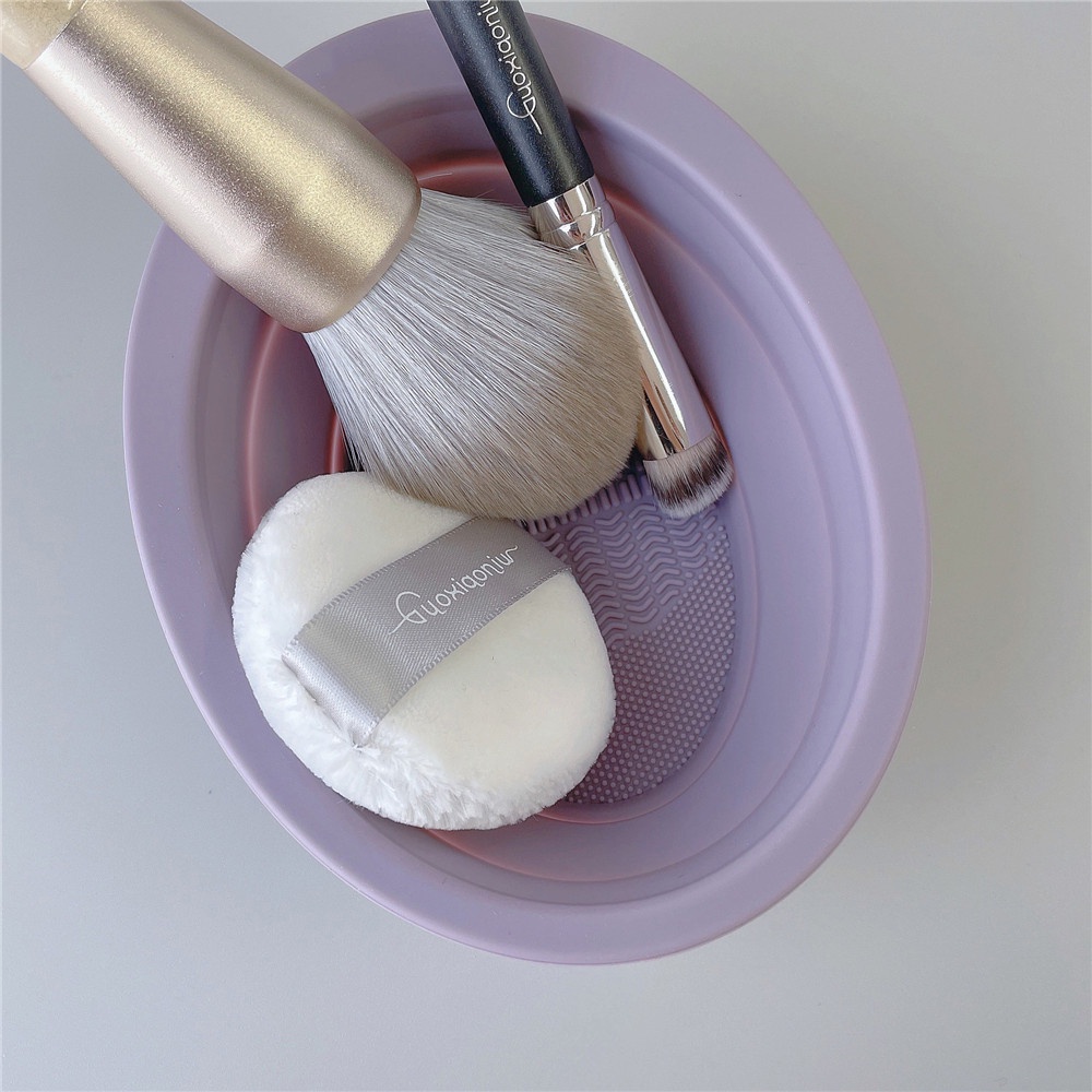 Cod Qipin Đệm Tẩy Rửa Cọ Trang Điểm Dạng Gel Màu Tím Có Thể Gập Lại