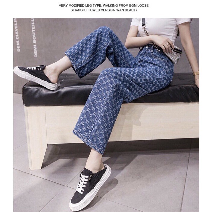 [Mã FAMARAL1 giảm 10K đơn 50K] Quần jeans LV baggy nữ GU_BG ,HOẠ TIẾT THÊU, ống suông rộng style Hàn Quốc