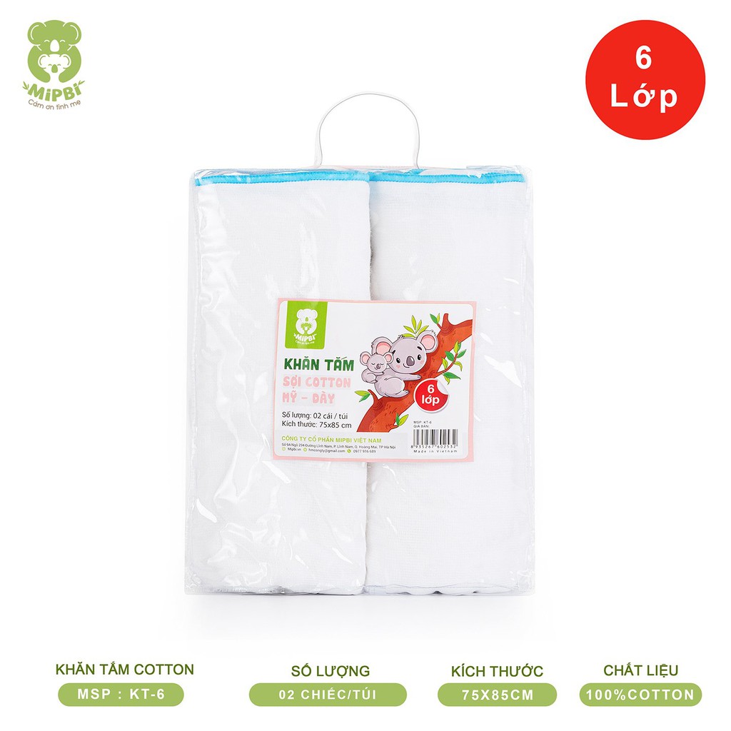 Khăn tắm Mipbi 100% sợi cotton Mỹ dày (Túi 2 chiếc 75x85cm)