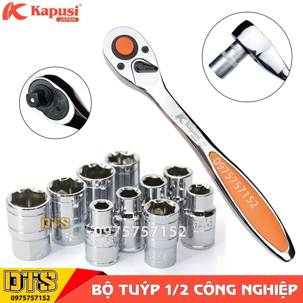 Bộ khẩu, bộ tuýp 1/2 công nghiệp Kapusi JAPAN 11 chi tiết 8-24mm, bộ cần tự động sửa chữa xe máy, ô tô chuyên nghiệp