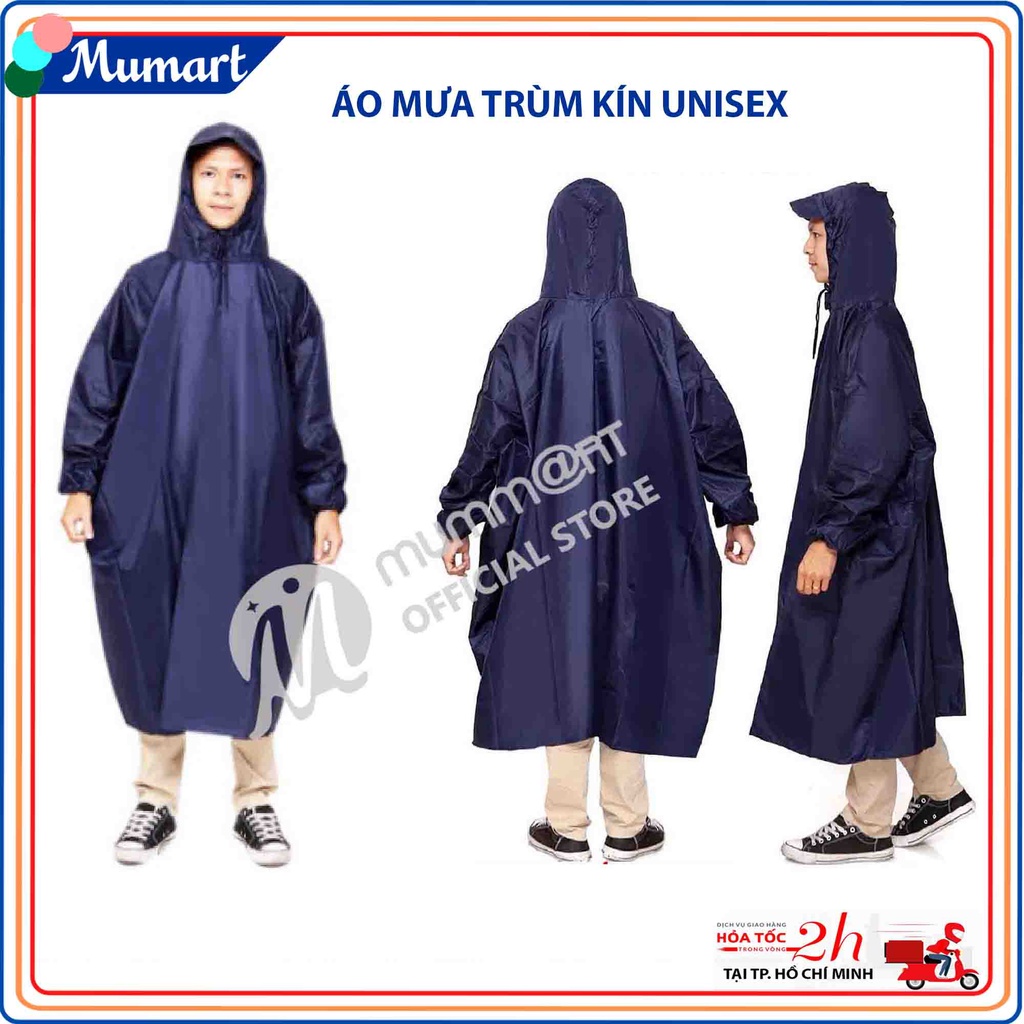 Áo mưa trùm kín vải dù cao cấp size to 1.4m không xẻ tà, trùm kín cả người và balo, túi xách - Mummart