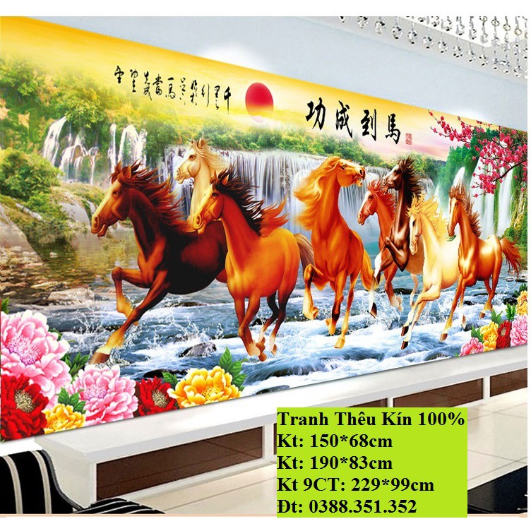 Tranh thêu chữ thập Mã đáo thành công khổ lớn 9CT 229*99cm