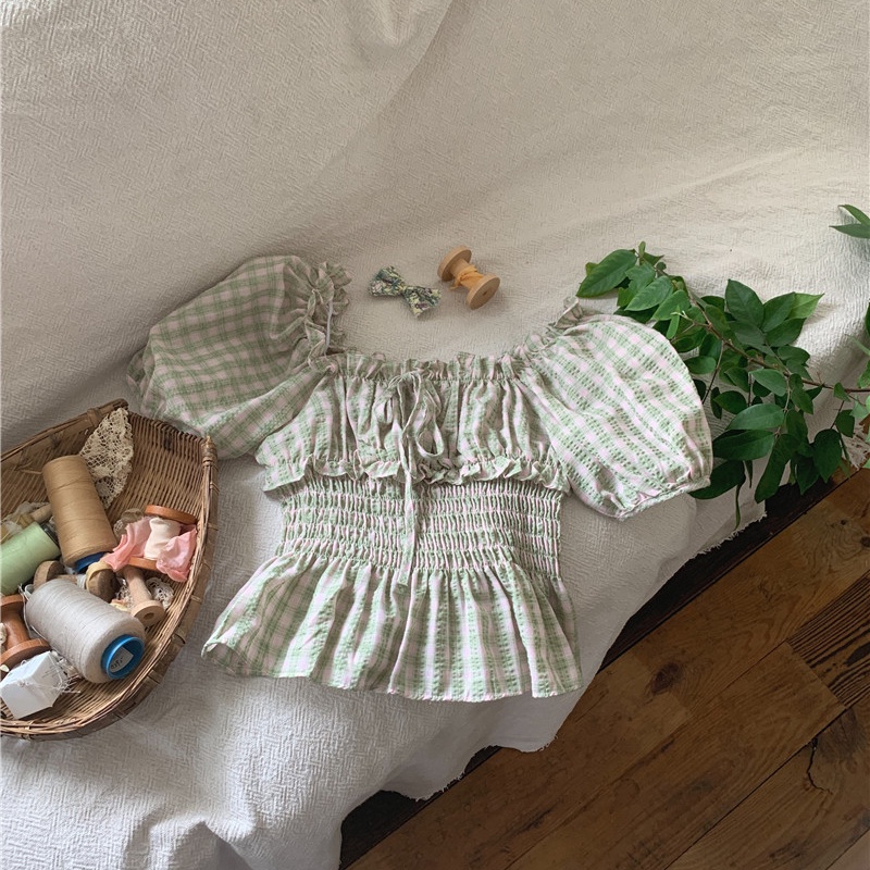 SUXI Áo Sơ Mi Tay Ngắn Dáng Ôm Kẻ Sọc Ca Rô Kiểu Vintage Hàn Quốc Dễ Phối Đồ