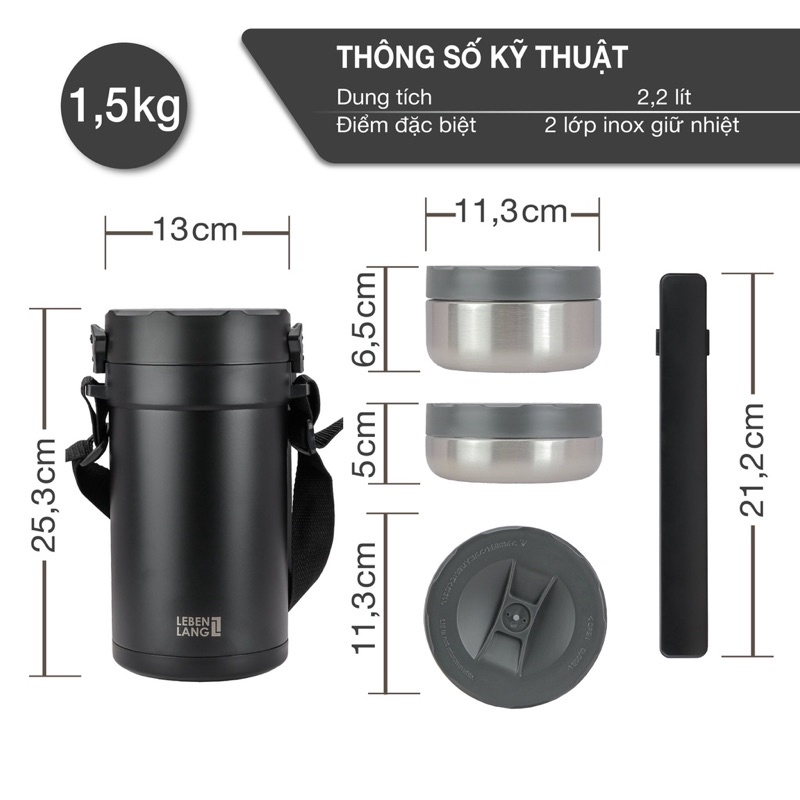 [LEBEN LANG] BỘ Hộp Cơm GIỮ NHIỆT INOX DUNG TÍCH 2.2L - LBT856