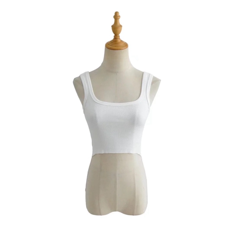 Áo ba lỗ croptop cổ tròn sâu chất vải bo gân co dãn màu trắng / màu đen CRA058 - PYENSTORE