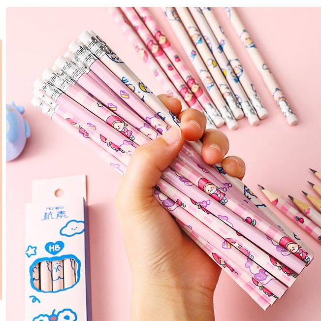 Hộp 10 Bút Chì Hb Kèm Gôm Tẩy Họa Tiết Hoạt Hình Dành Cho Học Sinh