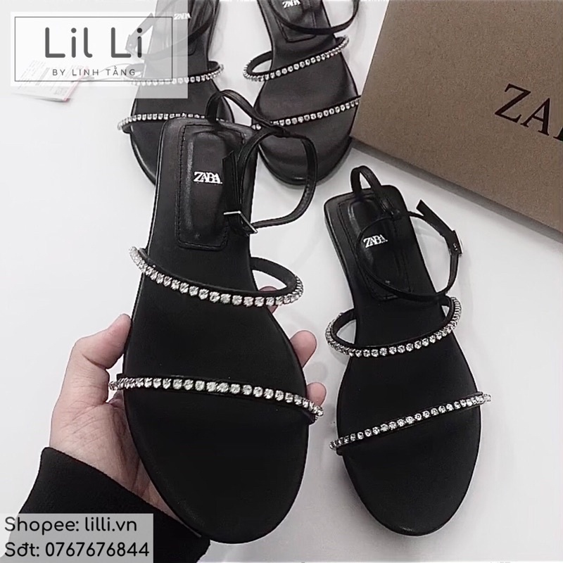 Giày sandal Zara quai mảnh đính đá sang trọng fullbox có size lớn 35-41, Zara leather gem bling sandals