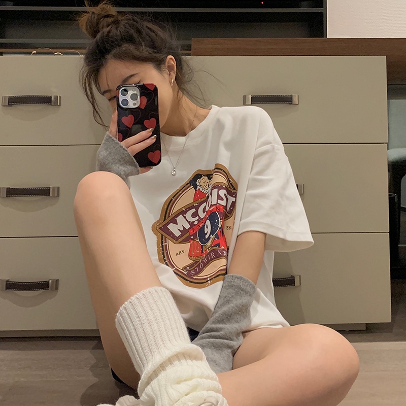 Áo thun SUXI ngắn tay cổ tròn dáng rộng in họa tiết cổ điển thời trang mùa hè cho nữ