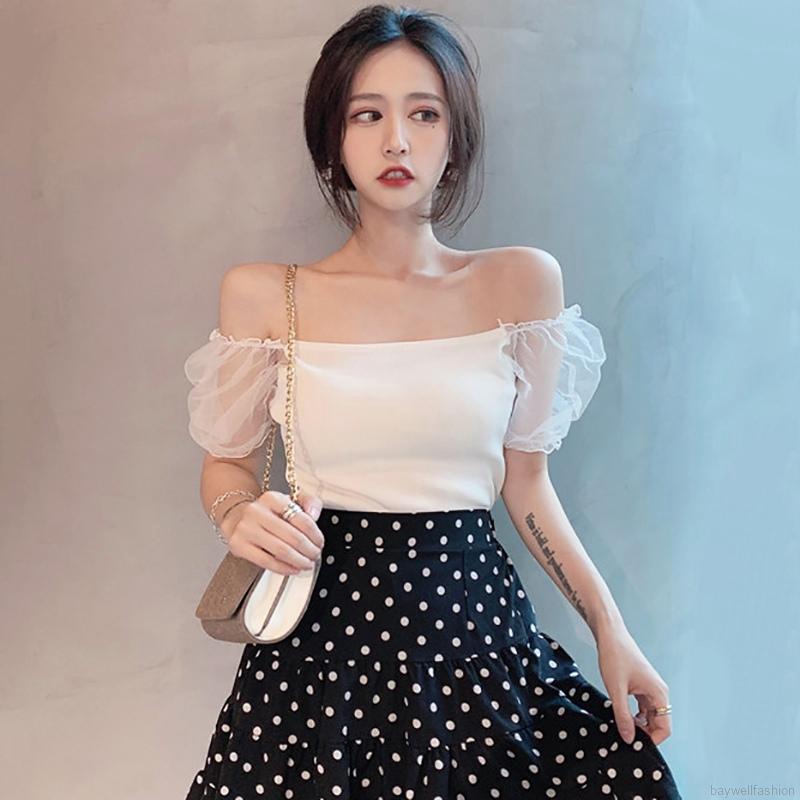 Áo kiểu ngắn dáng ôm phối lưới thời trang dành cho nữ Baywellfashion