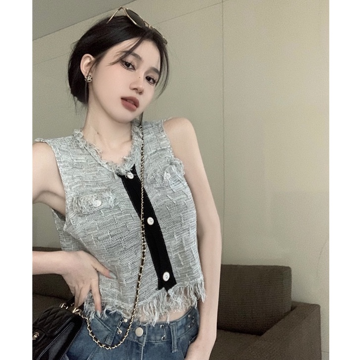 QKOOLE  Áo Dệt Kim Sát Nách Cổ Tròn Phong Cách Hàn Quốc Cho Nữ