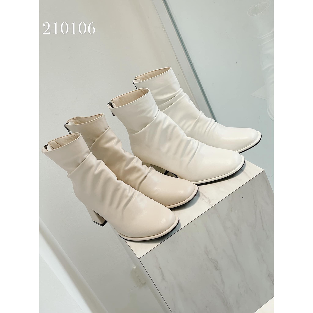 BEESHOES - BOOT NỮ NHĂN DA MỀM MŨI VUÔNG - BOOT NỮ GÓT ĐẾ TRỤ CAO 5CM CÓ SẴN MÀU ĐEN - KEM 210106